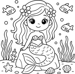 Beautiful mermaid in sea. Coloring book page. Princess doodle. Sea creatures drawing