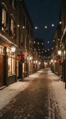 Fototapeta premium Festive snowy street lined with glowing lights, decorated shop windows, and wreaths; night scene, no one in sight