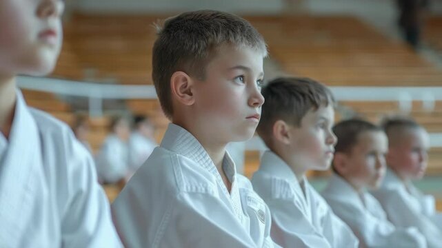Young martial arts students in uniform, focused and ready to practice.