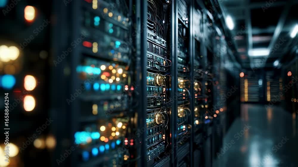 Poster medium shot showing rows of cryptocurrency mining servers humming in a dimly lit room main server ra
