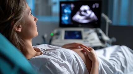 Expectant mother resting on examination couch undergoing prenatal ultrasound procedure displaying baby image on advanced medical monitor.