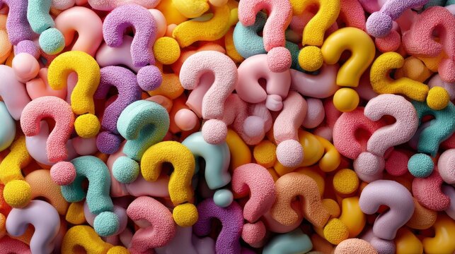 Colorful collection of question marks in various shapes and sizes creates an engaging visual display with vibrant hues