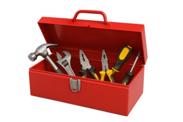 Red toolbox holding hand tools on transparent background