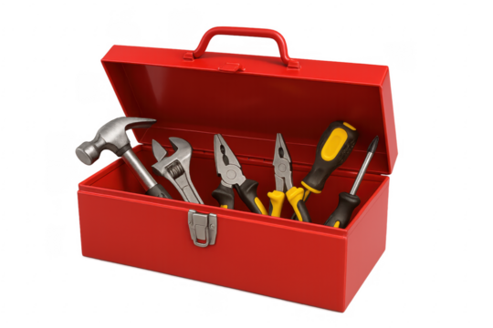 Red toolbox holding hand tools on transparent background