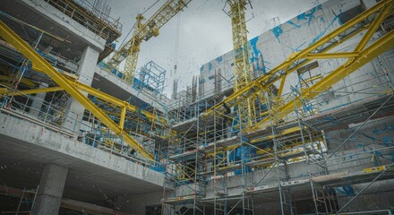 Construction site with cranes and scaffolding