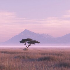 Solitary acacia tree sunrise savanna landscape, peaceful African plains morning mist, travel poster
