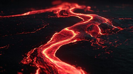 Lava flowing from volcano, glowing red molten rock creating dynamic patterns on dark background, highlighting nature's power.