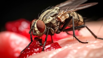 Detailed macro shot of a fly feeding on a drop of blood on a human skin surface, extreme close-up