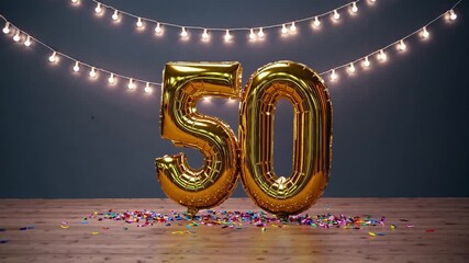 Celebration of a milestone with golden decorations and colorful confetti in a festive atmosphere