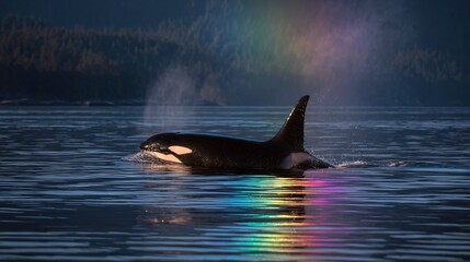 Fototapeta premium Orca swimming at dusk, large black and white marine mammal gliding through water, vibrant rainbow reflections, serene backdrop.