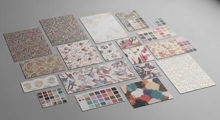 Naklejka premium Various intricate textile patterns and color palettes displayed on a neutral background for design inspiration