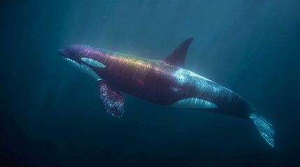 Fototapeta premium Majestic whale swimming gracefully, large marine mammal gliding through deep blue waters, evoking wonder and serenity.