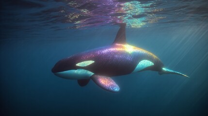 Obraz premium Orca swimming gracefully, large black and white marine mammal gliding through clear water, serene underwater scene.