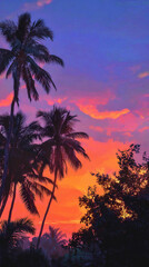 Obraz premium Tropical palm trees silhouette against stunning vibrant orange pink sunset sky over paradise beach