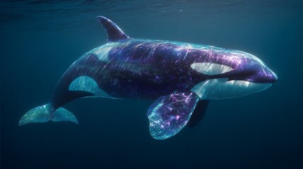 Fototapeta premium Majestic dolphin swimming gracefully, sleek body moving through deep blue water, serene ocean environment, perfect for marine themes.