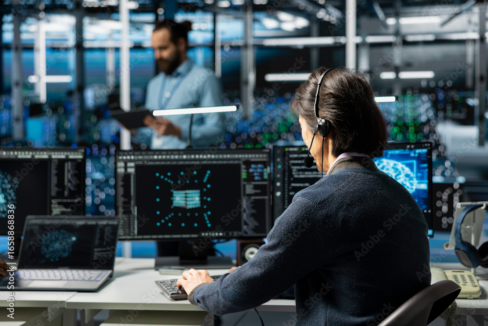 Poster admin in data center speaks in headset mic, troubleshooting rigs connectivity issues using ai. it ex