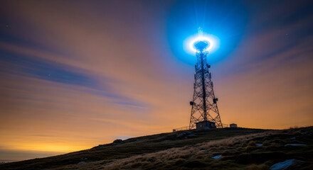 A communication tower stands on a hill at night  emitting a powerful  bright blue light into the sky  captured with a long exposure effect.