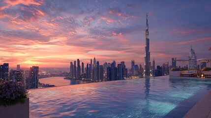 Naklejka premium Serene skyline at dusk, panoramic view of city with warm sunset hues reflecting on tranquil water, perfect for relaxation.