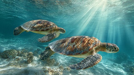 Obraz premium Two peaceful sea turtles swimming gracefully, vibrant underwater scene with sunlight filtering through water, aquatic life theme.