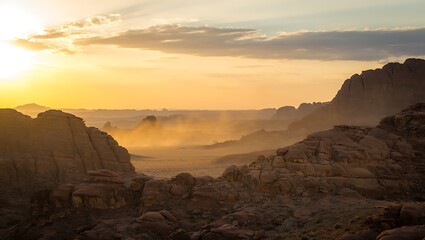 Golden Hour Light Bathes Desert Landscape with Rocky Formations and Hazy Horizon