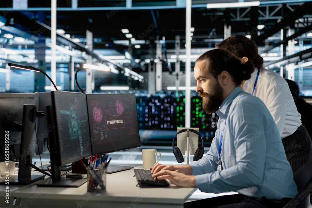 Poster engineers in data center reacting to ransomware alert on pc monitor, initiating protocol to protect 