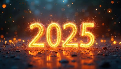 Glowing numbers 2025 illuminate night sky with bright fireworks, gold, orange, blue colors. Festive celebration sparkles with bokeh, confetti. New Year Eve future, magic, joy, excitement.