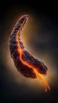Artistic CGI rendering of a pancreas lit in vibrant orange hues to represent enzymatic attack and pancreatitis progression.