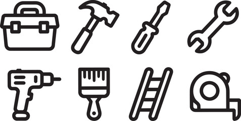 Construction Tools Outline Vector Set Toolbox Hammer Screwdriver Wrench Drill Brush Ladder Tape Measure
