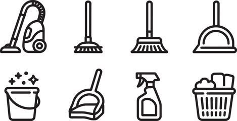 Fototapeta premium Cleaning Equipment Icons Set Outline Style Vacuum Cleaner Broom Dustpan Bucket Spray Basket