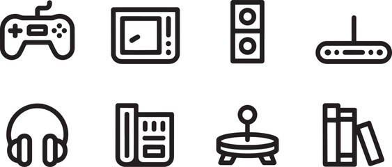 Gaming Console Icons Set Outline Style Controller Handheld Router Headphones Books Joystick