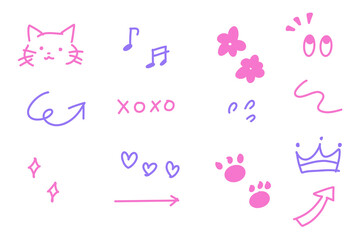 Cute hand-drawn comic symbols set / cat, heart, flower, music notes, paw prints / vector