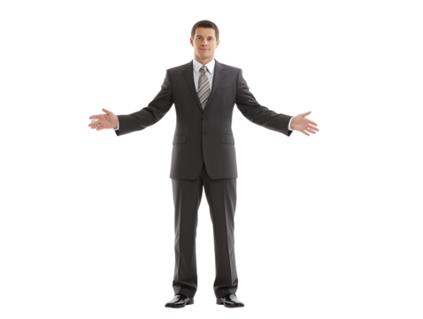 Confident Businessman in Suit, Welcoming Gesture, Isolated on Black Background