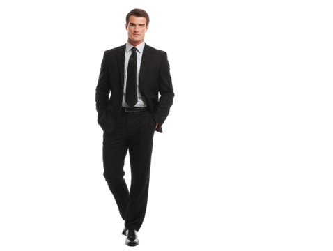 Confident Businessman in Black Suit, Full Body Studio Shot, Isolated Background