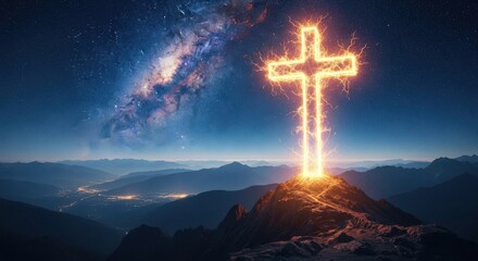 Divine cross glowing bright atop mountain under starry night sky
