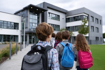 Young students wearing bright backpacks approach a sleek modern education building, ready for the start of their new learning year.