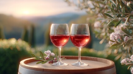 Two glasses of ros&eacute; wine on wooden barrel in vineyard at sunset  
