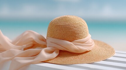Straw sun hat with silk scarf on beach background  
