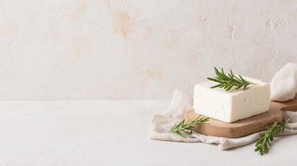 Fresh block of tofu with rosemary on a wooden cutting board  