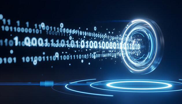 Binary code streaming through glowing circular portal on dark background representing digital data transfer futuristic technology and virtual communication