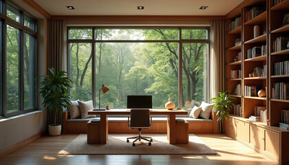 Fototapeta premium Cozy home office features modern wooden desk with computer, chair, set against large window overlooking green forest. Built-in bookshelves line wall, filled with books, decor, creating peaceful,