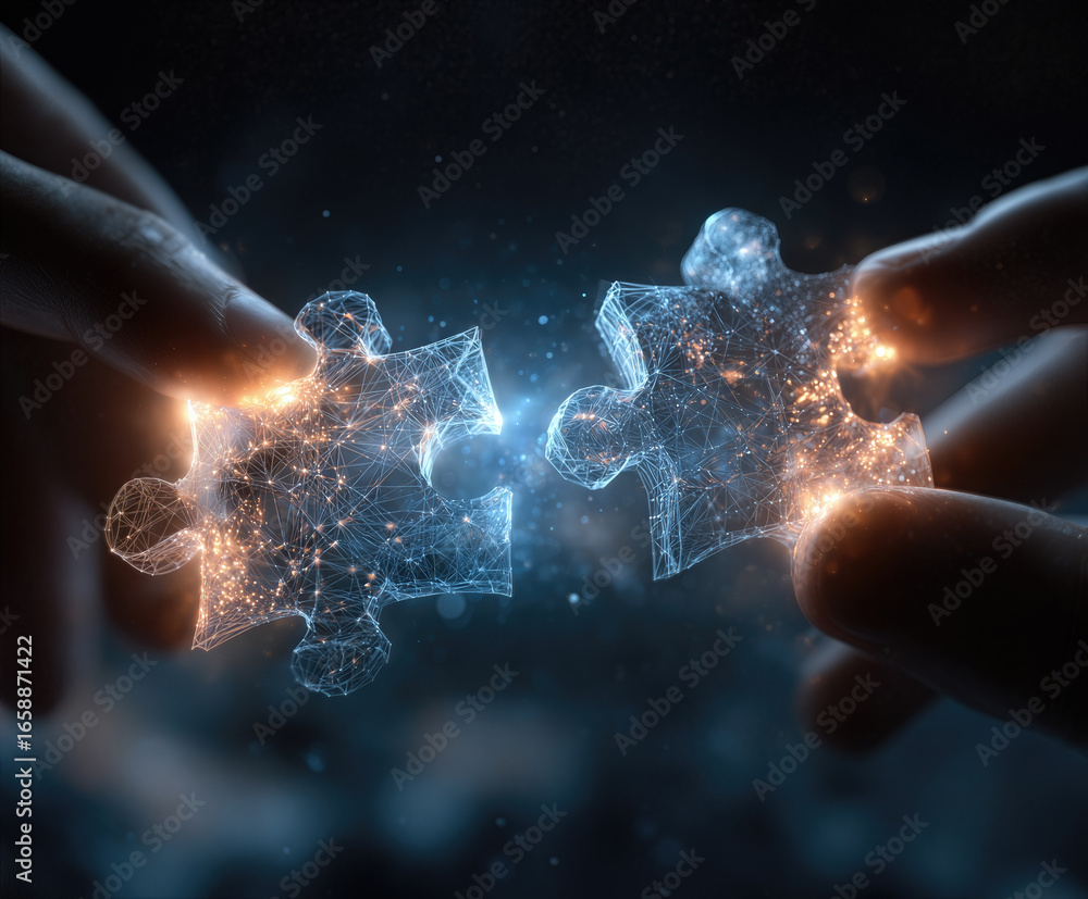 Aufkleber hands connecting futuristic puzzle pieces symbolizing collaboration and unity in a digital world