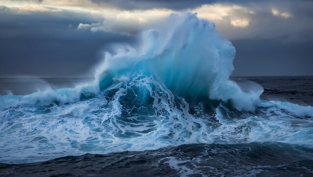 Powerful ocean wave crashing with turbulent water and dramatic sky