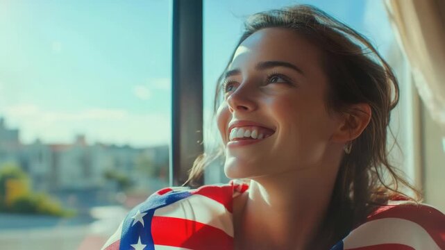 Smiling woman wearing American flag, embracing patriotic spirit. Outdoors during sunny day in urban setting. - Powered by Adobe