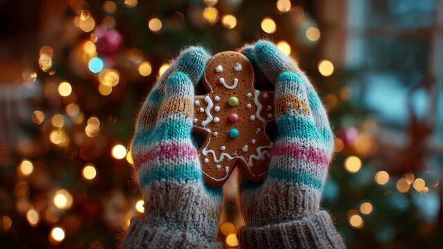 Knitted gloves holding a gingerbread man cookie adorned with icing and colorful candies, set against a blurred backdrop of festive christmas tree lights