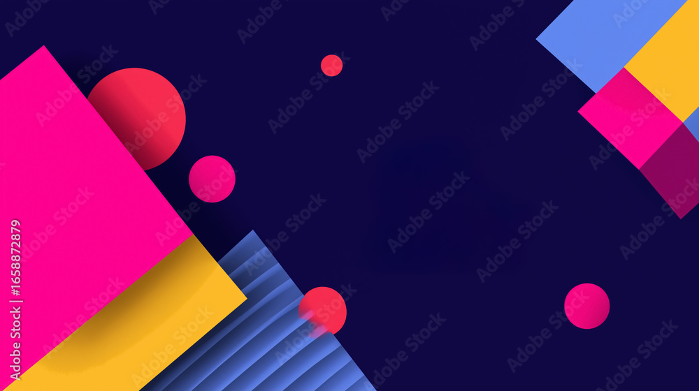 Poster bold geometric shapes intersect on a deep blue backdrop, creating an engaging visual for corporate m
