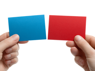 Hands Holding Blank Blue and Red Cards Mockup for Design Presentation