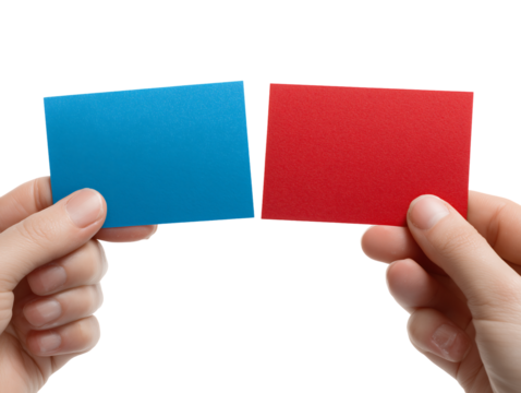 Hands Holding Blank Blue and Red Cards Mockup for Design Presentation