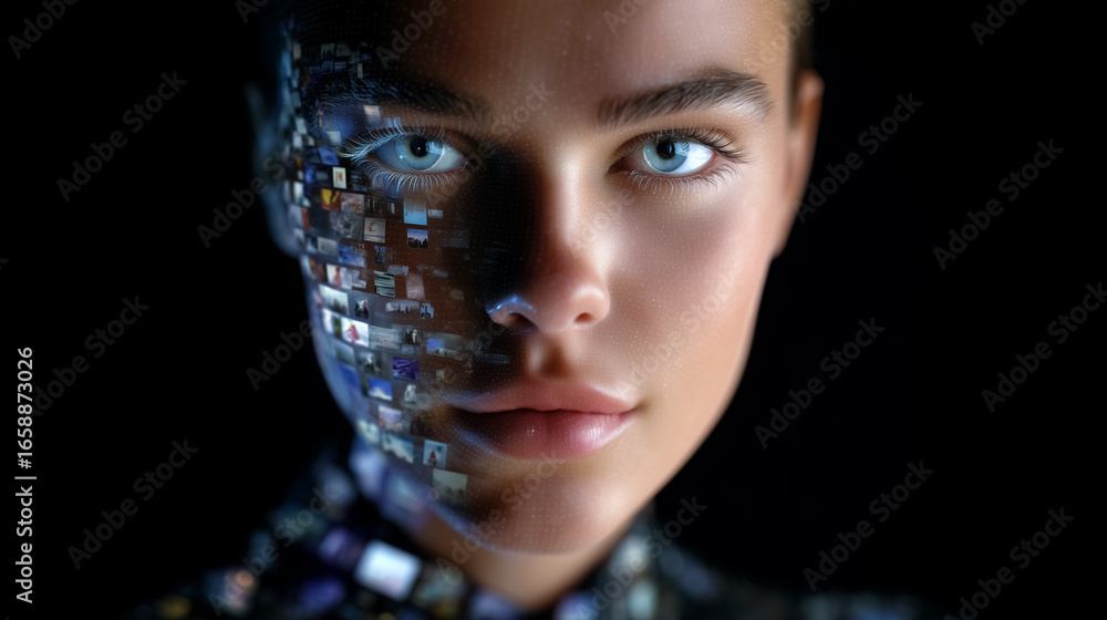 Poster woman face illuminated by light displaying digital images across features. dark background creates s