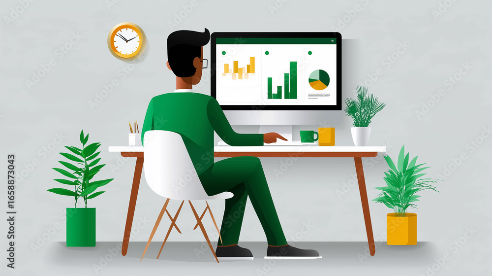 Poster man focuses on computer displaying charts and analytics. workspace features greenery and modern desi