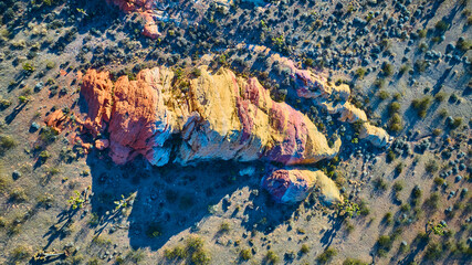 Aerial Colorful Rock Formation and Desert Vegetation Top Down